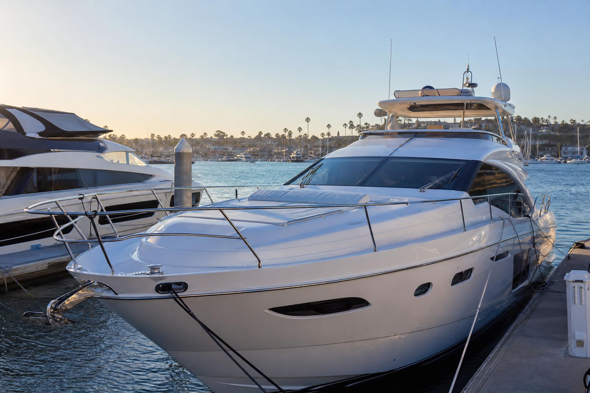 A polished yacht hull glistening at a California marina
